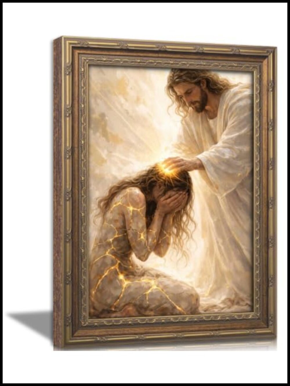 Vintage Gold Framed Jesus Canvas Wall Art Christian Healing Print Religious
